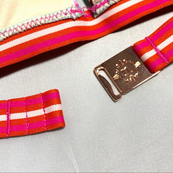 Nanette Lepore Blue Floral Triangle Bikini Top Francesca Tassels Rose Gold Sz6 - Picture 10 of 12